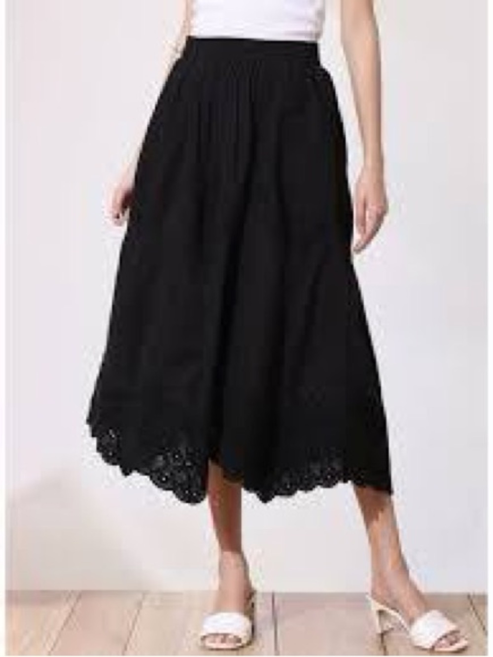 Liz Claiborne Black Midi Skirt with Scalloped Eyelet Hem
